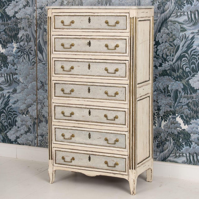 18th C. French Painted Tall Chest of Drawers With Original Marble Top For Sale - Image 4 of 16