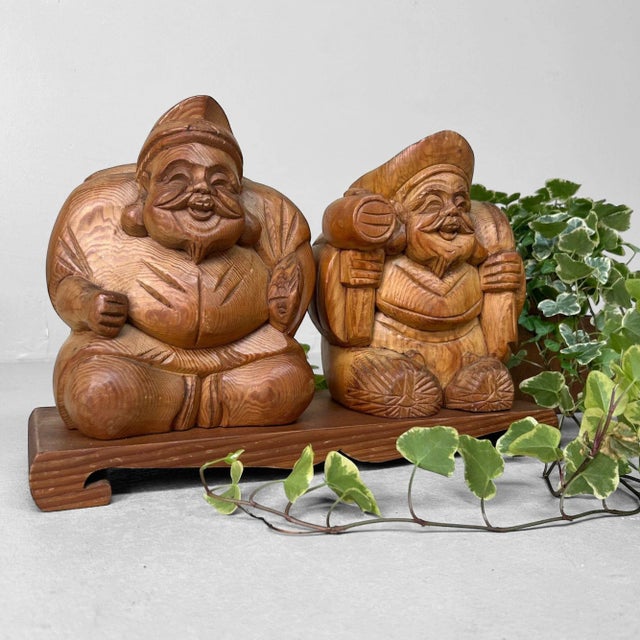 Wooden Ebisu and Daikoku Deity Statues on Base, Japan, 1950 For Sale - Image 4 of 12