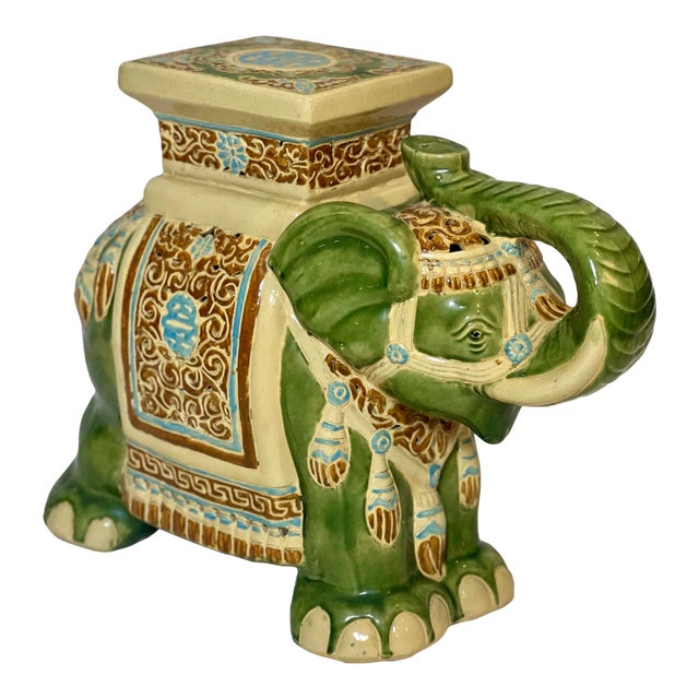Vintage Glazed Ceramic Elephant Garden Stool For Sale