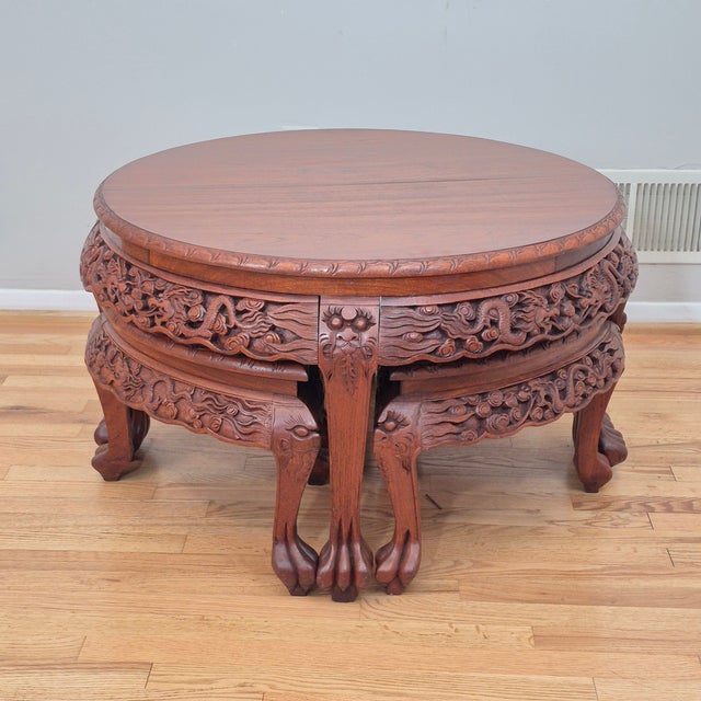 Chinoiserie Mid-20th Century Signed George Zee Asian Dragon Carved Rosewood Tea Table & 4 Stools - Set of 5 For Sale - Image 3 of 11