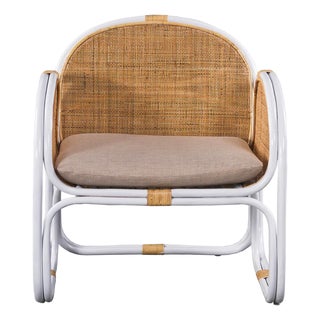 Matthew Izzo Home Latitude Mid-Century Modern White Bamboo Caned Lounge Chair For Sale