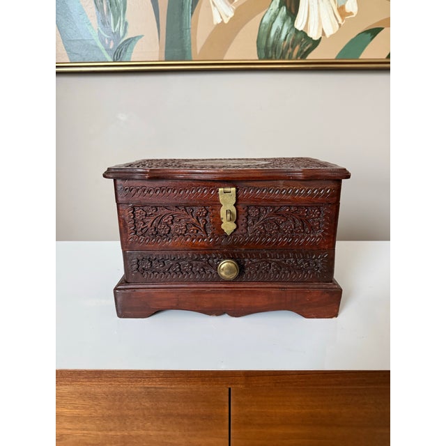 English Vintage Hand Carved Imported Mahogany With Brass Inlay Jewelry Box For Sale - Image 3 of 10