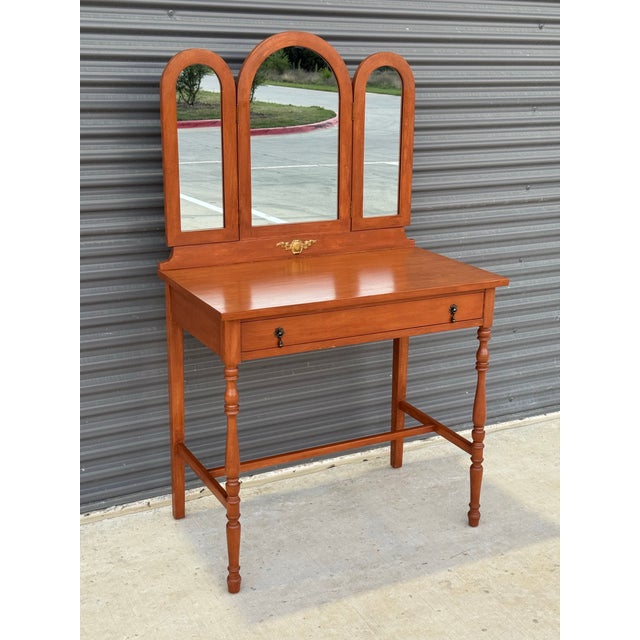 Tan Vintage Dressing Table / Vanity With Arched Tri-Fold Mirror For Sale - Image 8 of 10