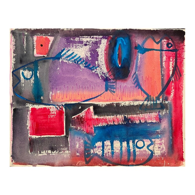 1930s Helen Malta Fish Abstract Watercolor For Sale