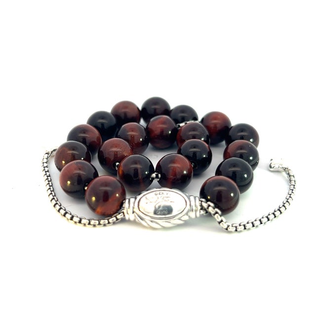 1990s 1990s David Yurman Tiger Eye Spiritual Beads Bracelet 6.6 - 8.5" Silver 8 Mm Estate For Sale - Image 5 of 15