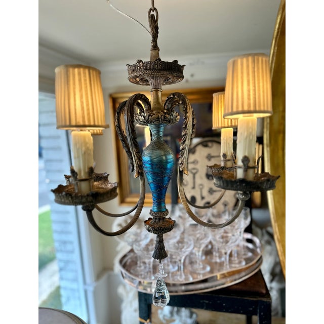 Durand Antique Durand Blue Iridescent Glass Chandelier For Sale - Image 4 of 4