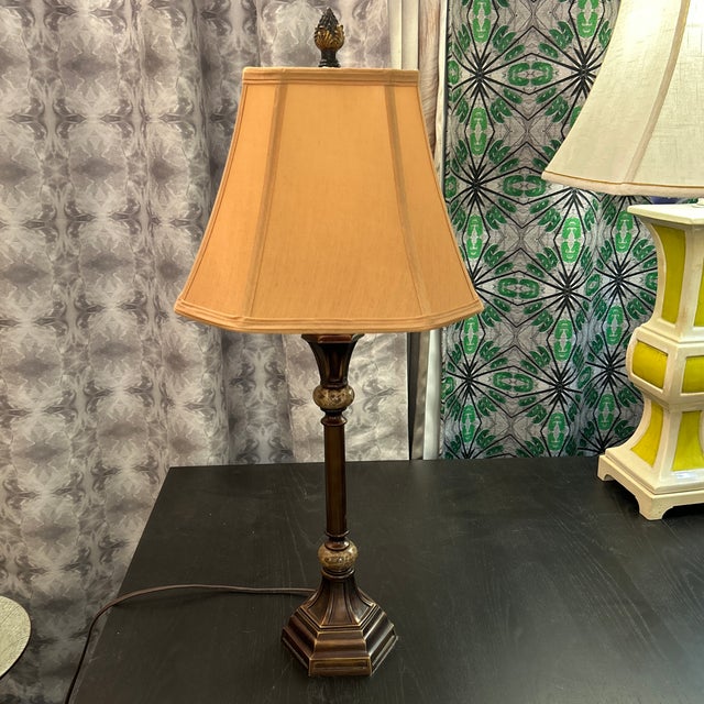 2010s Bronze Finish Metal and Stone Lamp With Custom Silk Shade For Sale - Image 5 of 5