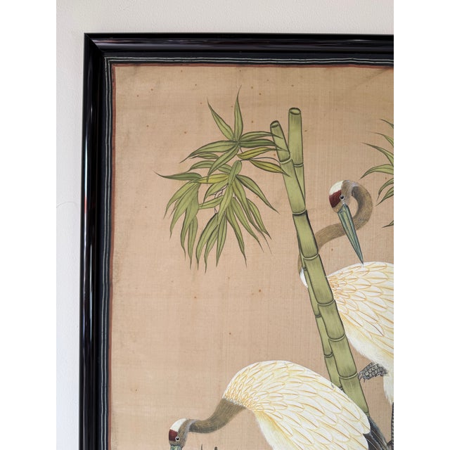 Wood Vintage Japanese Red-Crowned Cranes in Bamboo Garden Tropical Landscape Art Painted Silk Scroll For Sale - Image 7 of 12