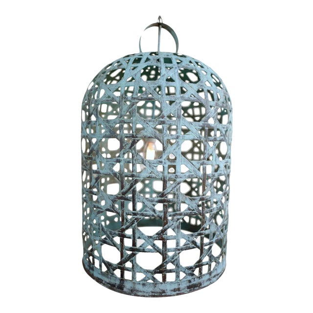 Industrial Verdigris Copper Cane Dome Pendant Light XL For Sale