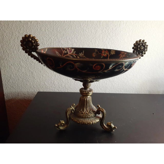 Contemporary 1970s Handpainted Moriage Ceramic Floral Compote on Solid Ornate Brass Pedestal For Sale - Image 3 of 7