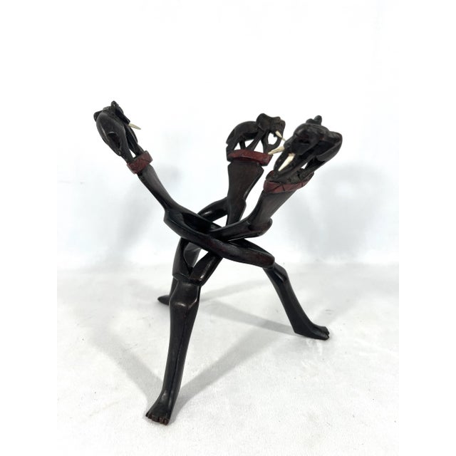 Tribal Folding Carved Dark Brown Wood Elephant Bowl Stand, Pedestal, Three Legs For Sale - Image 3 of 8