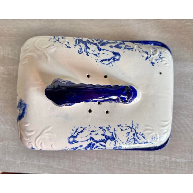 Blue Antique Staffordshire Ironstone Blue Rose Floral Lidded Cheese Keeper Dome For Sale - Image 8 of 12
