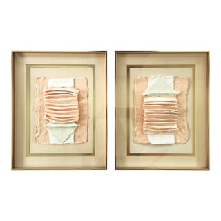 1987 Handmade Paper Relief Sculptures · Blush Salmon and Celadon · Gold Shadow Frame · 1987 · Signed "Nikki" For Sale