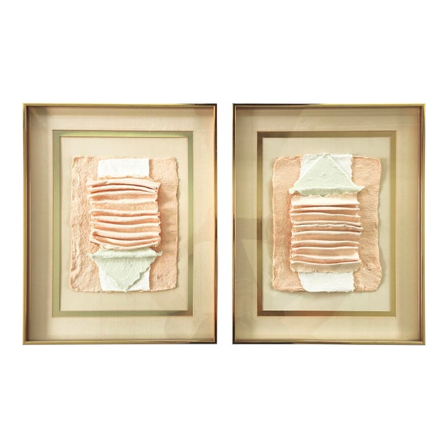 1987 Handmade Paper Relief Sculptures · Blush Salmon and Celadon · Gold Shadow Frame · 1987 · Signed "Nikki" For Sale