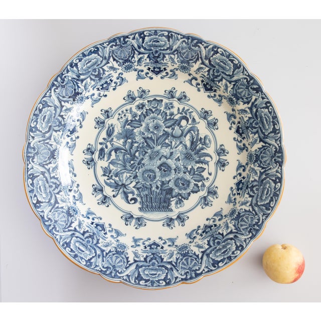 Monumental Antique Dutch Delft Faience Makkum Floral Scalloped Charger For Sale - Image 4 of 9