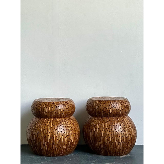 Vintage Wood Mosaic Low Stools - A Pair For Sale - Image 10 of 18