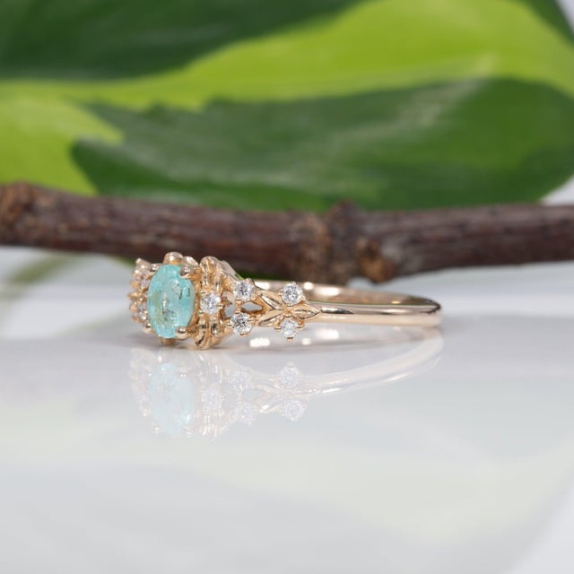 Paraiba Tourmaline Ring With Natural Diamond Accents in Solid 14k Gold, 5x3mm, Size 6.75 For Sale In Columbus - Image 6 of 9