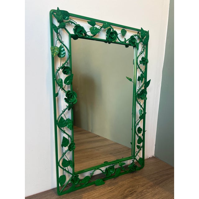 Mid-Century Modern Vintage Metal Green Mirror With Floral Motif For Sale - Image 3 of 7