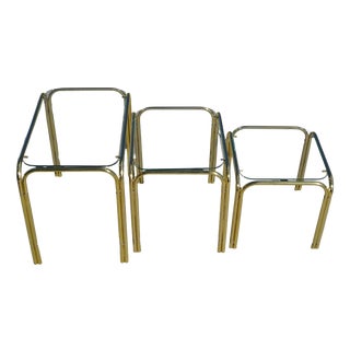 Nesting Tables in Gilt Metal and Tempered Glass, 1990s, Set of 3 For Sale
