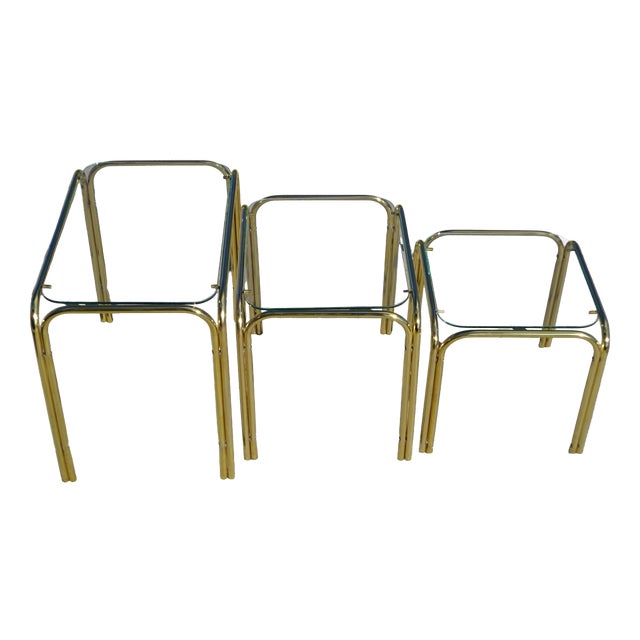 Nesting Tables in Gilt Metal and Tempered Glass, 1990s, Set of 3 For Sale