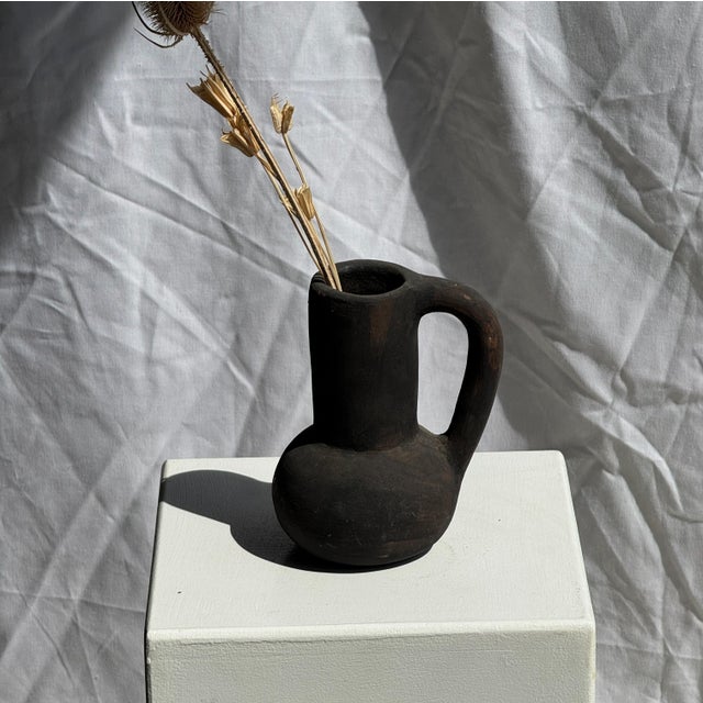 Boho Chic Black Ceramic Soliflore Vase with Indonesian Terracotta Handle, 1980s For Sale - Image 3 of 9