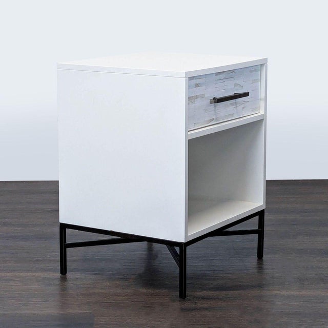 Natural wood tiled drawer front in a Whitewashed finish. Tiles are inlaid by hand. Brand: West Elm. Original Price: $494....