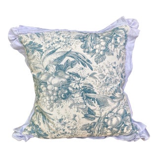 Fabric Blue & White Flora & Fauna Print Pillow For Sale
