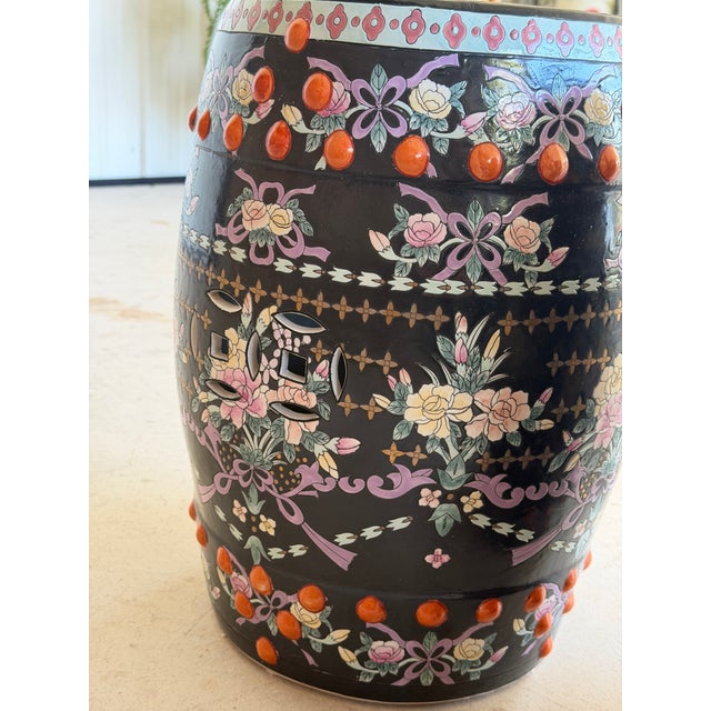 Ceramic Late 20th Century Chinese Export Black Ground Famille Rose Porcelain Garden Stools For Sale - Image 7 of 12
