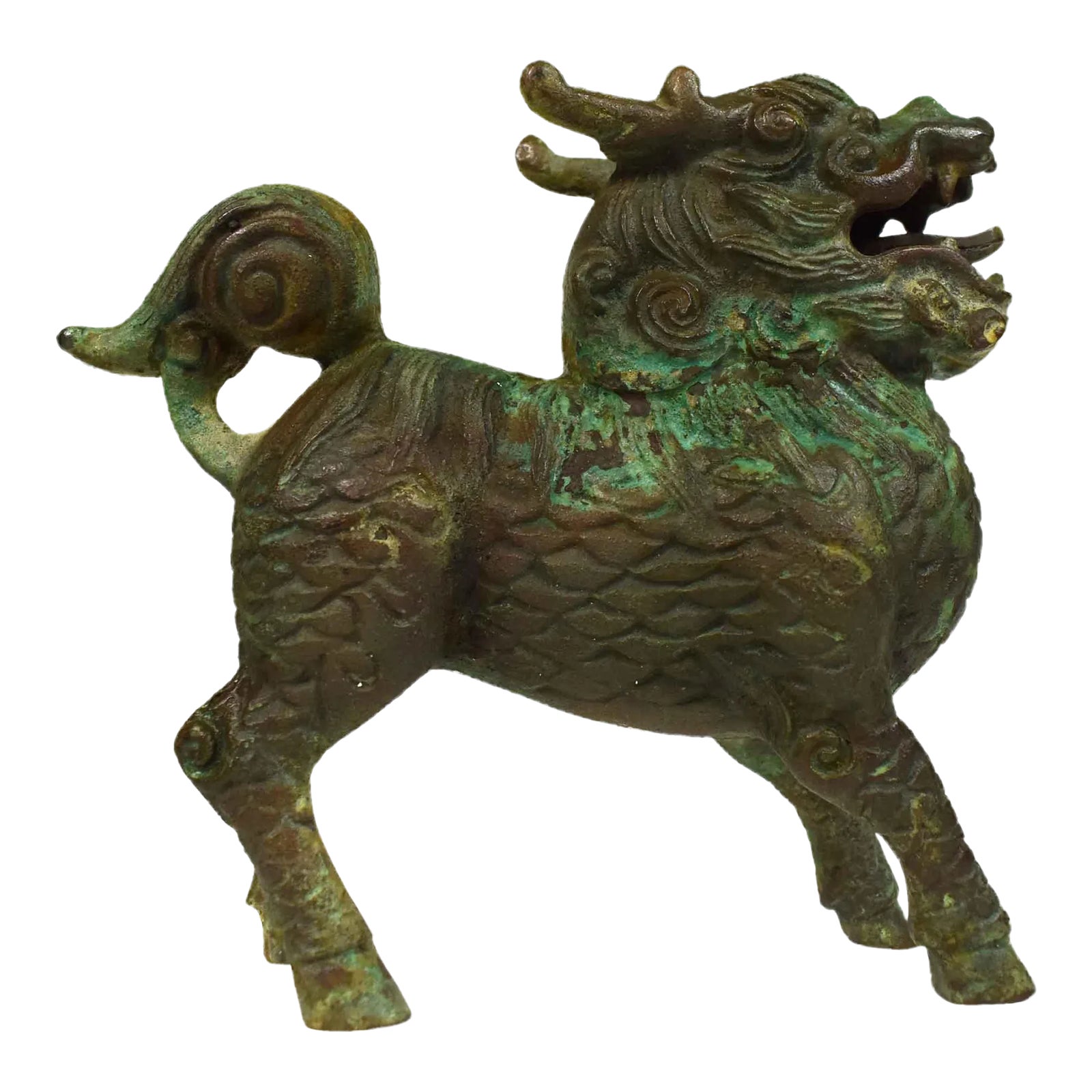 Early 20th Century Bronze Chinese Suanni Lion Dragon Figurine | Chairish