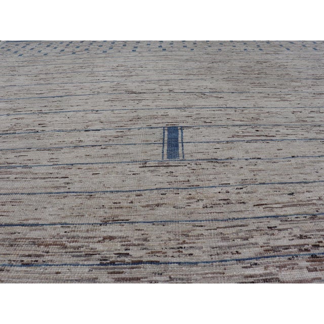 Modern Hand-Knotted Rug in Wool With Sub-Geometric Design in Blue and Cream 10'6 X 14'2 For Sale - Image 4 of 12