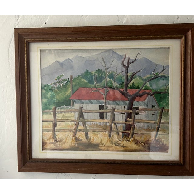 Vintage Original Watercolor Painting “Red Roof Farmhouse”, Framed For Sale In Palm Springs - Image 6 of 9