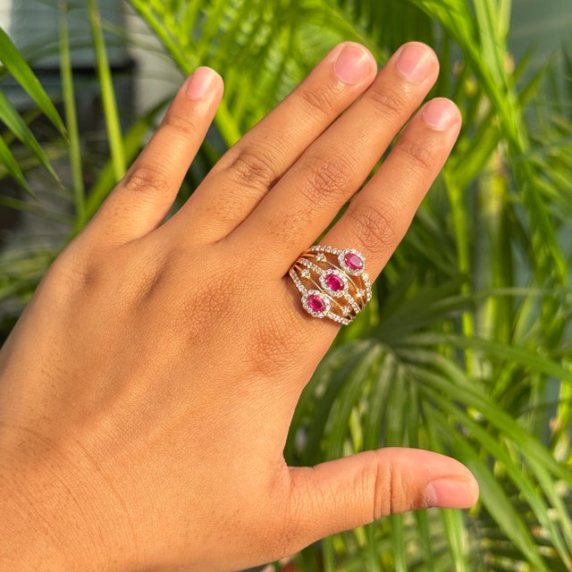Deco-Style 1.15 Ct Three Stone Ruby Diamond Five Row Wide Band Ring Size 5.5 For Sale - Image 12 of 16