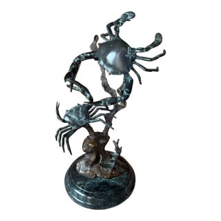 San Pacific International Table Top Brass & Marble Fighting Blue Crab Sculpture For Sale