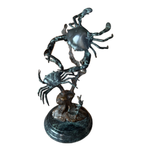 San Pacific International Table Top Brass & Marble Fighting Blue Crab Sculpture
