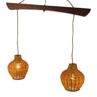 Vintage Teak & Rattan Ceiling Lamp, 1970s For Sale