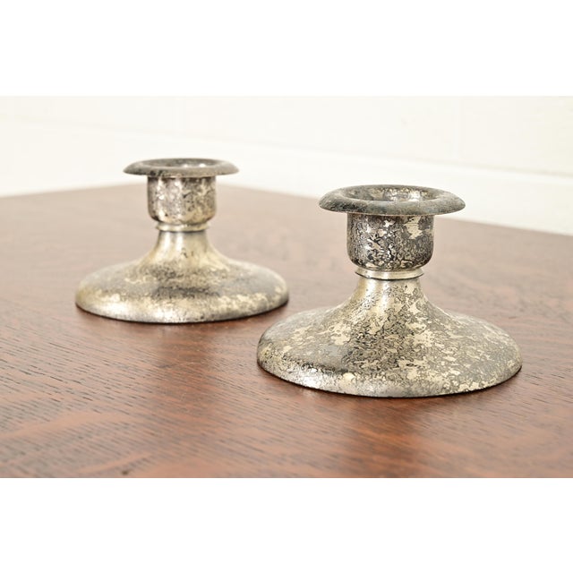 Art Deco Roycroft Arts & Crafts Silver Finished Copper Candlesticks, Pair For Sale - Image 3 of 13