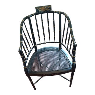 Mid 20th Century Ebony/Gold Faux-Bamboo Spindle-Back Wood Armchair With Caned Seat Painted in Chinoiseries Style For Sale