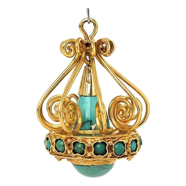 Mid 20th Century Turquoise Chandelier 18k Yellow Gold Charm Pendant For Sale