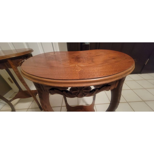 1940's French Louis XV Style Accent Tables With Floral Marquetry Inlay Top - A Pair For Sale - Image 15 of 16