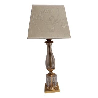 Vintage Table Lamp with Crystal Glass Base on Gold-Plated Square Base with Original Cream-White Fabric Shade, 1970s For Sale