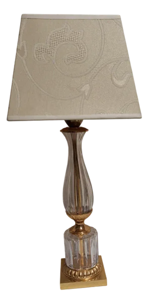 Vintage Table Lamp with Crystal Glass Base on Gold-Plated Square Base with Original Cream-White Fabric Shade, 1970s