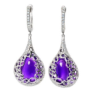 Late 20th Century Pair of 14K White Gold Diamond Cabochon Amethyst Hanging Earrings For Sale