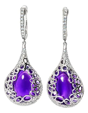 Late 20th Century Pair of 14K White Gold Diamond Cabochon Amethyst Hanging Earrings