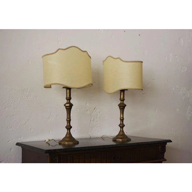 Brass table lamps with embroidered canvas shades with cotton cord, 1940s. European Plug (up to 250V).The wiring of this...
