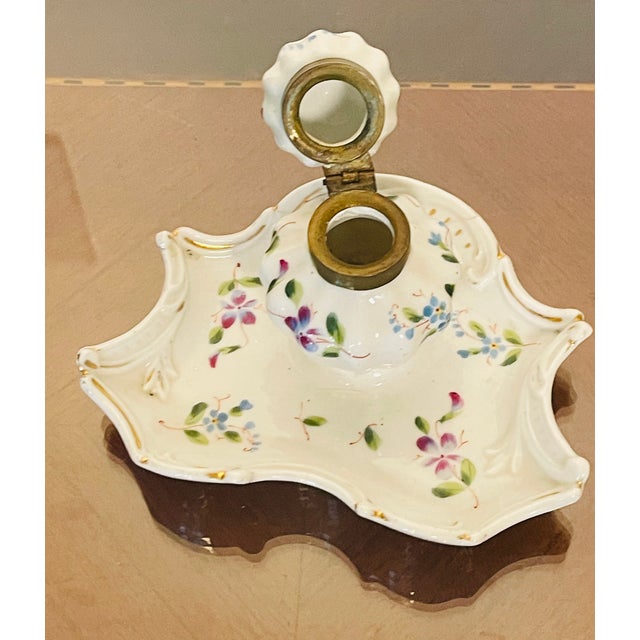 19 th c antique Victorian handpainted porcelain inkwell or Catchall.