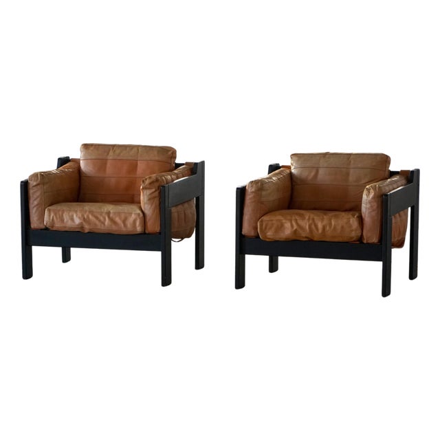 Easy Chairs in Wood and Leather by Rud Thygesen and Johnny Sørensen, 1970s, Set of 2 For Sale