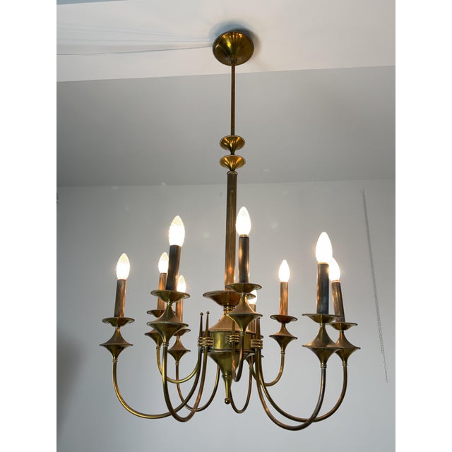 Art Deco Nine-Light Brass Chandelier, 1940s For Sale - Image 6 of 14