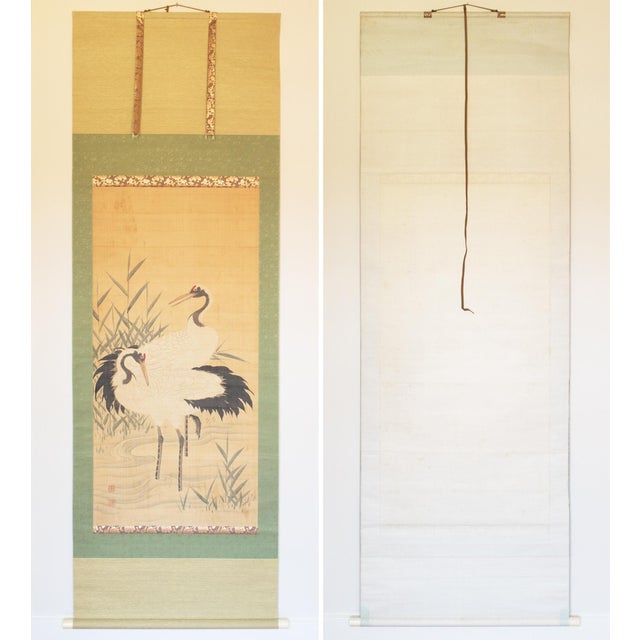 XL Meiji Era "Two Cranes" by Kishida Kinkoku, Japanese Silk Scroll Painting in Wooden Case For Sale - Image 15 of 17