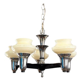Mid 20th Century Art Deco Streamline Moderne Five-Light Chandelier With Opaline Glass Shades For Sale