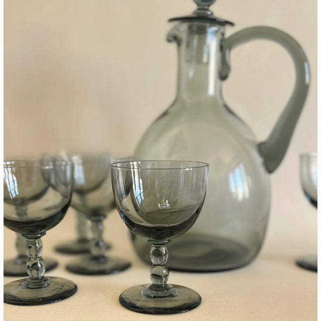 Daum Nancy 1930s Daum Nancy France Set of Six Wine / Port / Sauternes Stemware With Lidded Handled Carafe For Sale - Image 4 of 8